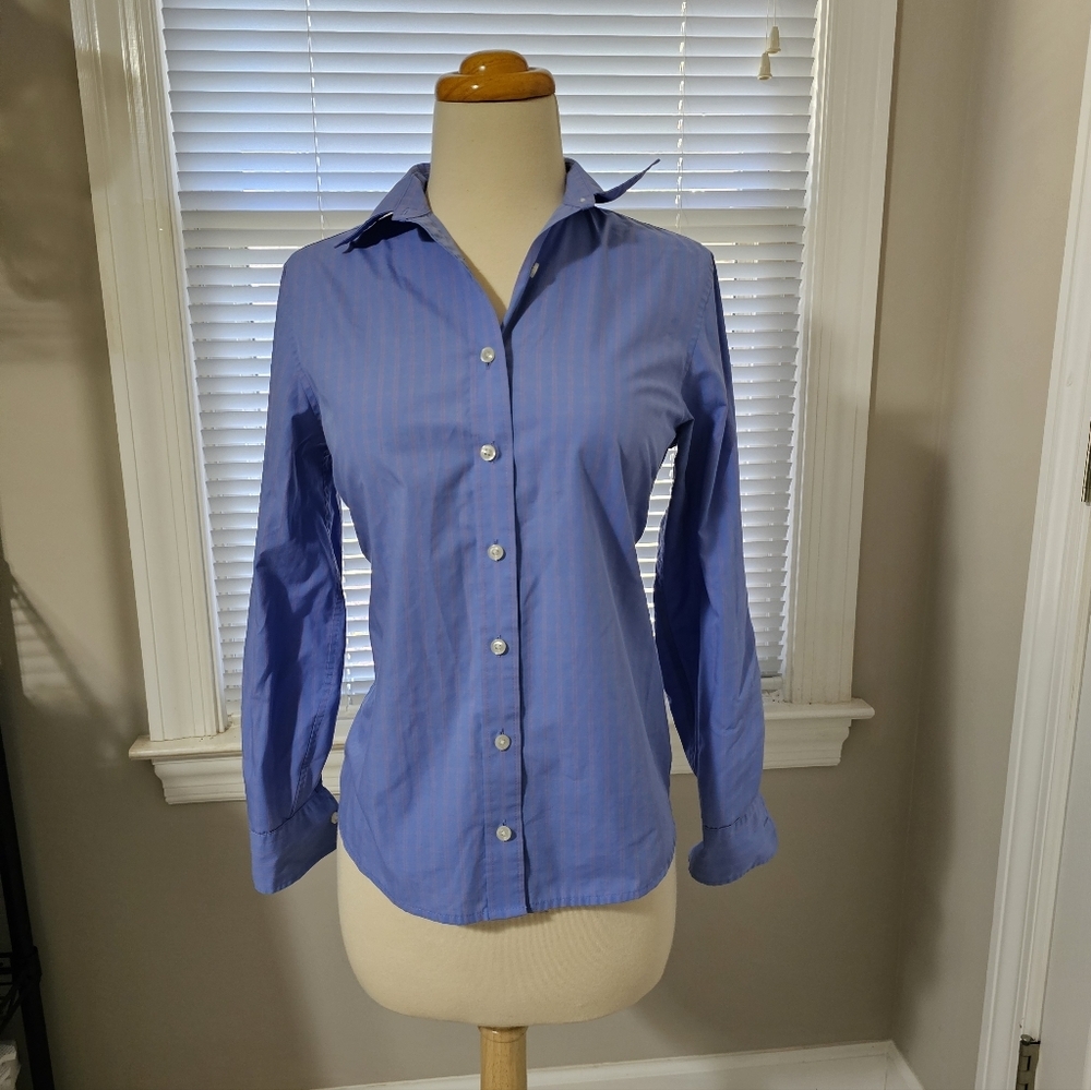 Lands' End Petite 0 Pink Blue Stripe No Iron Broadcloth Shirt